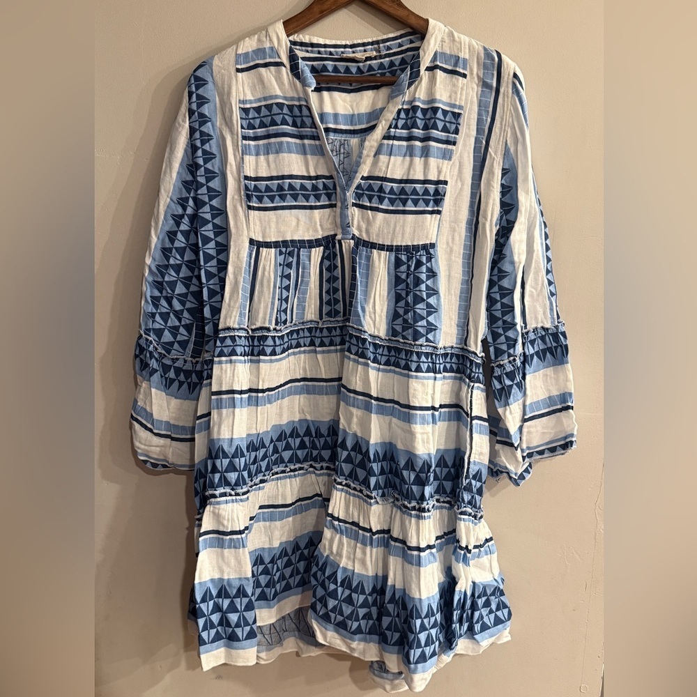 ELAN Women’s Blue & White Geo Print Cotton Long Sleeve Split Neck Tiered Dress